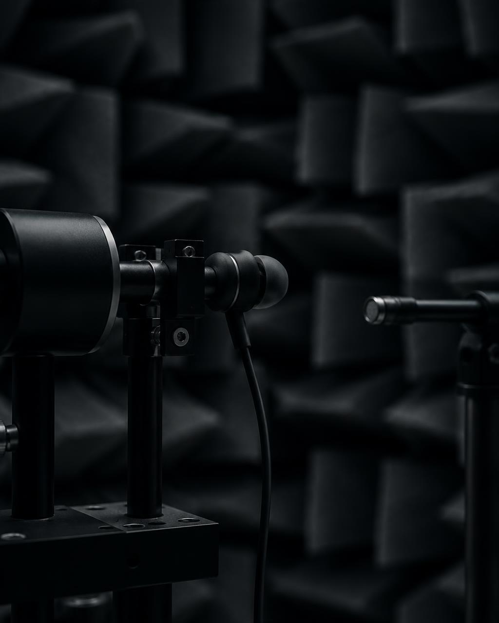 Earbud driver on a measurement rig in an anechoic chamber