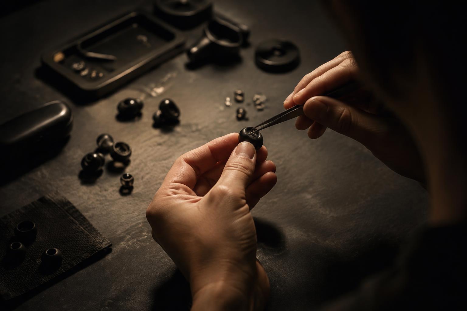 Hands assembling an earbud with precision tweezers